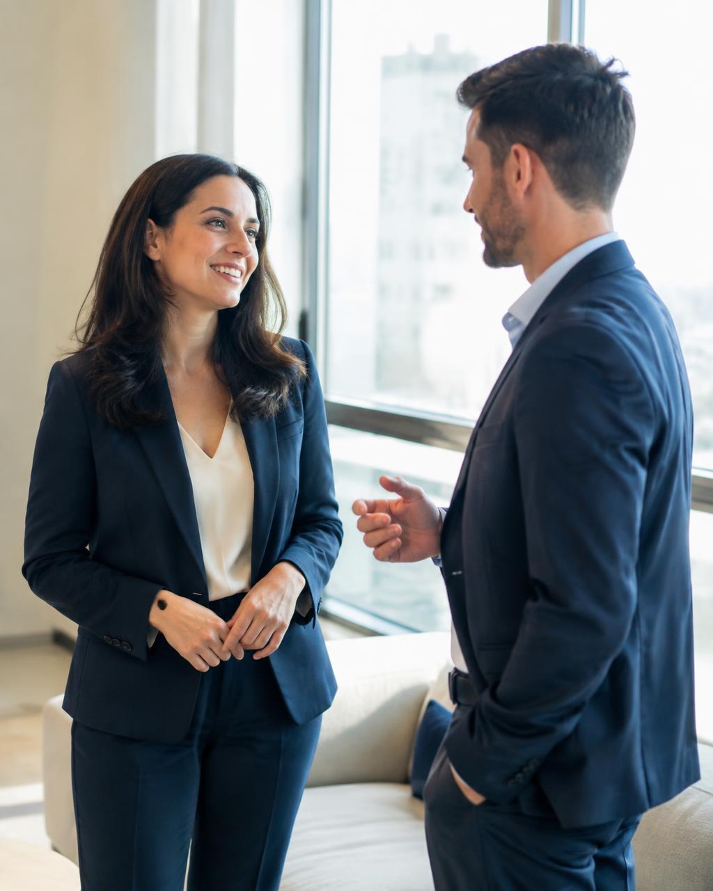 Two professionals in suits in conversation